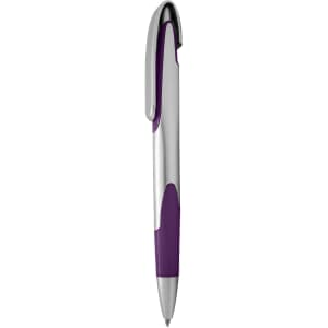 A silver plastic pen with a purple grip and clip, featuring a logo on its side.