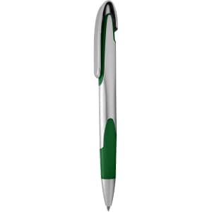 A plastic pen with a silver barrel and green grip, featuring a clip and a branding logo.
