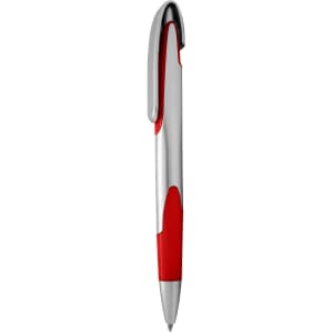 A plastic pen with a sleek silver body and red accents, featuring a clip and a logo.