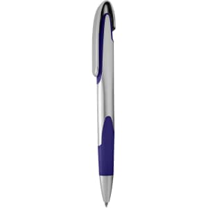 A silver and purple plastic pen with a clip and a smooth tip. It features a logo on the body.