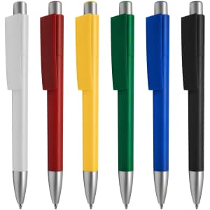 A range of plastic pens in white, red, yellow, green, blue, and black, each featuring a silver clip and tip.
