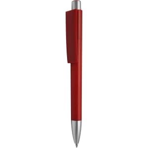 A red plastic pen with a silver clip, featuring a simple, sleek design and a logo.