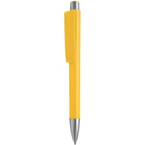A yellow plastic pen with a silver tip and a clip. It features a simple, sleek design and has a branding logo.