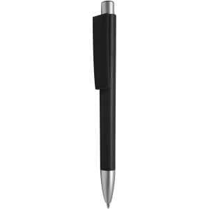 A black plastic pen with a silver tip and clip, featuring a smooth design and a logo.