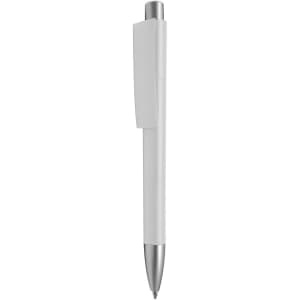 A white plastic pen with a silver clip and tip, featuring a simple, sleek design.