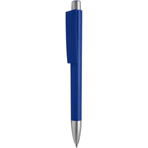 A blue plastic pen with a silver clip and tip, featuring a logo on its body.
