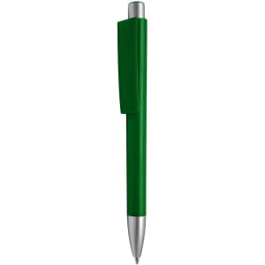 A green plastic pen with a silver clip and tip, featuring a logo on the side.