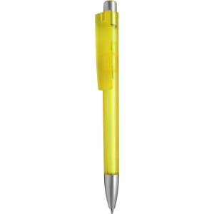 A plastic pen in bright yellow featuring a silver clip and tip. The pen has a smooth, glossy finish.