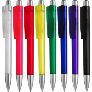 A collection of plastic pens in various colours: clear, red, yellow, green, blue, purple, and black, featuring a clip and silver accents.