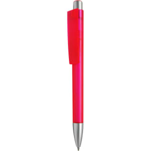 A plastic pen in bright pink with a silver clip and tip, featuring a logo on its barrel.