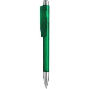 A green plastic pen with a silver tip and a transparent green clip, featuring a logo.