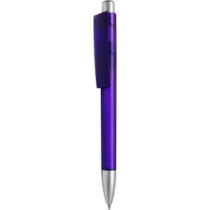 A purple plastic pen with a silver tip and a clip, featuring a logo on its body.
