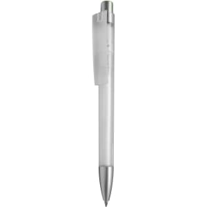 A transparent plastic pen with a silver clip and tip, featuring a simple design and a branding logo.