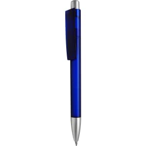 A blue plastic pen with a silver tip and a clip, featuring a branding logo.
