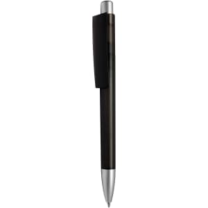A black plastic pen with a silver clip, featuring a sleek design and a logo.