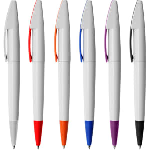 A set of six plastic pens featuring white bodies and coloured accents in red, orange, blue, purple, and black.