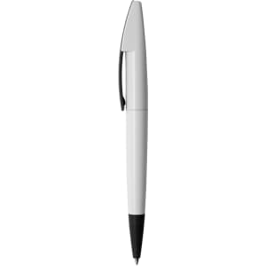 A plastic pen in white and black, featuring a sleek design and a clip. It has a logo on the barrel.