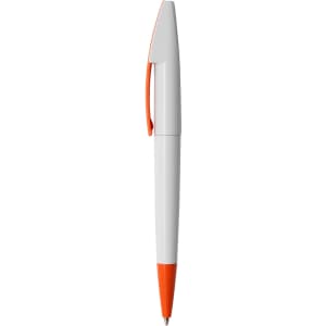 A plastic pen featuring a white body and orange accents, complete with a branding logo.