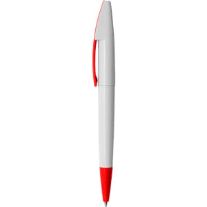 A plastic pen with a white body and red accents, featuring a clip and a logo.