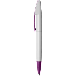 A white and purple plastic pen with a clip and a logo on the barrel.