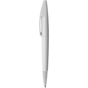 A plastic pen in white with a sleek design and a clip for easy attachment. Features a branded logo.