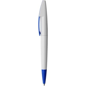 A plastic pen featuring a white barrel and blue accents, complete with a logo.