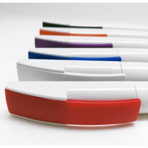 A collection of plastic pens in various colours, featuring a sleek white body and a prominent colour accent at the end.