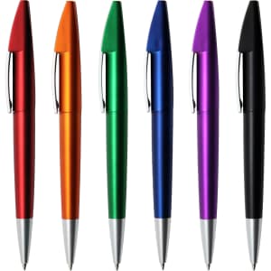 A collection of six plastic pens in red, orange, green, blue, purple, and black, featuring silver accents and clips.