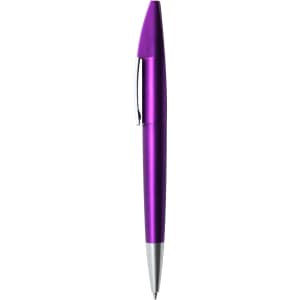 A purple metallic pen with a silver clip and tip, featuring a logo on its body.