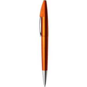An orange metallic pen with a silver clip and tip. The pen features a branded logo.