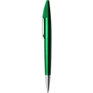 A green metallic pen with a silver clip and tip, featuring a branding logo.