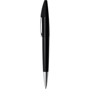 A black plastic pen with a shiny silver clip and tip, featuring a simple design and logo.