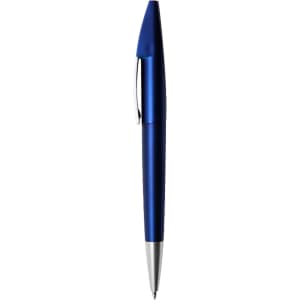 A metallic blue pen with a silver clip and tip, featuring a branding logo on the barrel.
