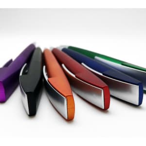 A collection of metallic pens in purple, black, orange, red, blue, and green, featuring a sleek design and branding.