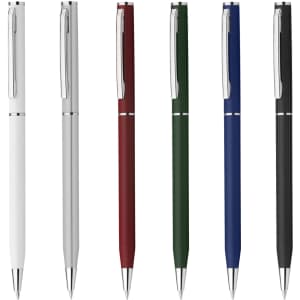 A collection of plastic pens in white, silver, red, green, blue, and black, each featuring a clip and metal accents.
