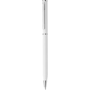 A white plastic pen with a silver clip and trim, featuring a sleek design and a logo on the body.