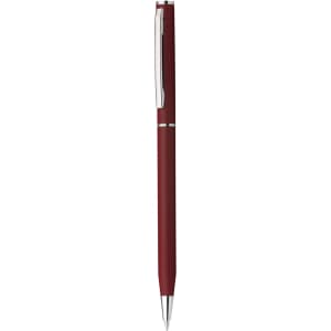 A burgundy plastic pen with a shiny silver clip and detailing, featuring a logo.