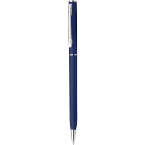 A navy blue plastic pen featuring a silver clip and trim, with a logo on its body.