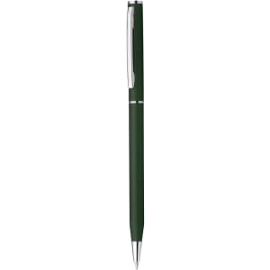 A green plastic pen with a shiny silver clip and accents, featuring a logo.
