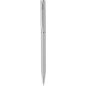 A silver plastic pen with a sleek design and a clip for easy attachment. The pen features a logo on its surface.