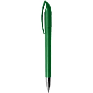 A green plastic pen featuring a clip. The pen has a sleek design and a black writing tip.