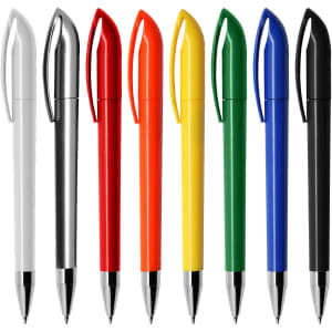A selection of plastic pens in white, silver, red, orange, yellow, blue, green, and black, featuring a logo.