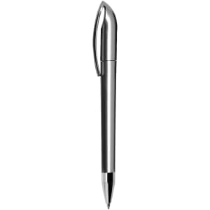 A sleek silver plastic pen with a smooth design and a clip for easy attachment. It features a logo on the barrel.