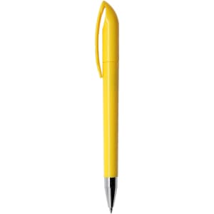 A yellow plastic pen with a sleek design and a clip at the top. It has a branded logo on the body.