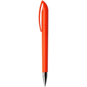 An orange plastic pen with a sleek design and a silver tip, featuring a clip for easy attachment.