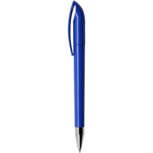 A blue plastic pen with a distinct curved clip and a silver tip, featuring a logo.