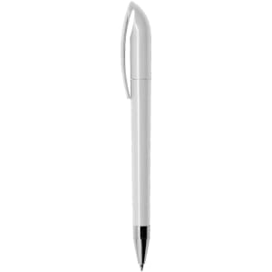 A plastic pen in white with a black tip and clip, featuring a logo.