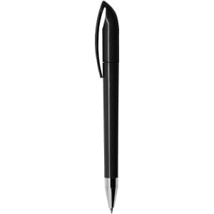 A black plastic pen with a sleek design and a clip for convenience. It features a logo on the barrel.