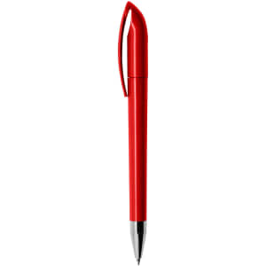 A red plastic pen with a sleek design and clip, featuring a silver tip and branding.