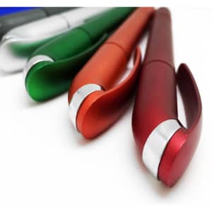 A collection of metallic pens in red, green, silver, and orange, featuring a stylish design and a logo.